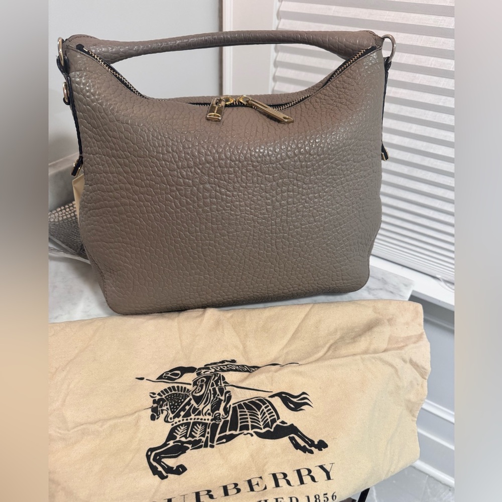 Burberry Heritage Textured Leather Shoulder Bag in Taupe Color